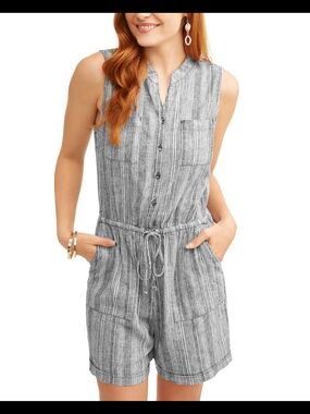 Sleeveless Striped Drawstring Romper - Gray